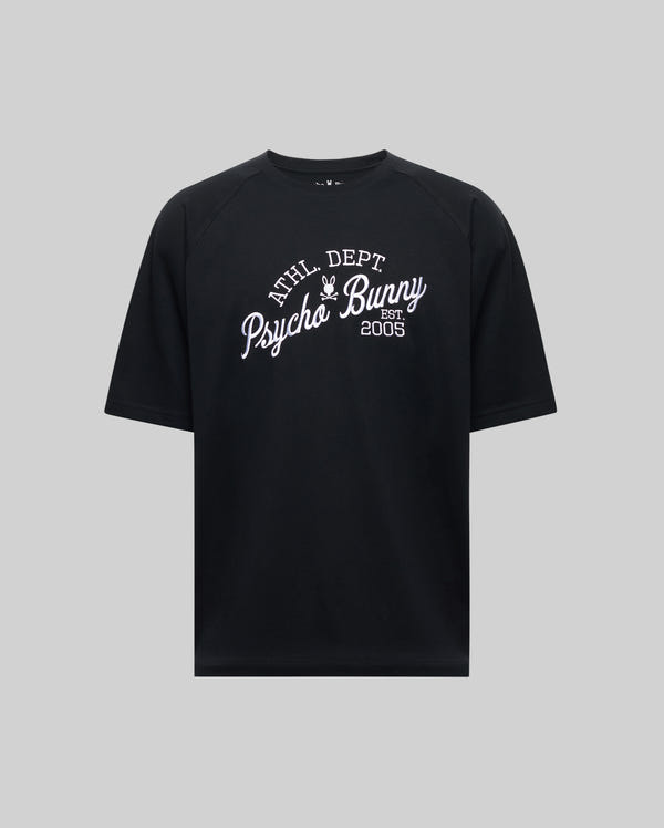 The Psycho Bunny MENS MATTEO RAGLAN GRAPHIC TEE (MT0200008) is a black short-sleeve shirt with white "ATHL DEPT Psycho Bunny Est 2005" text and a bunny logo above, shown on a plain gray background.