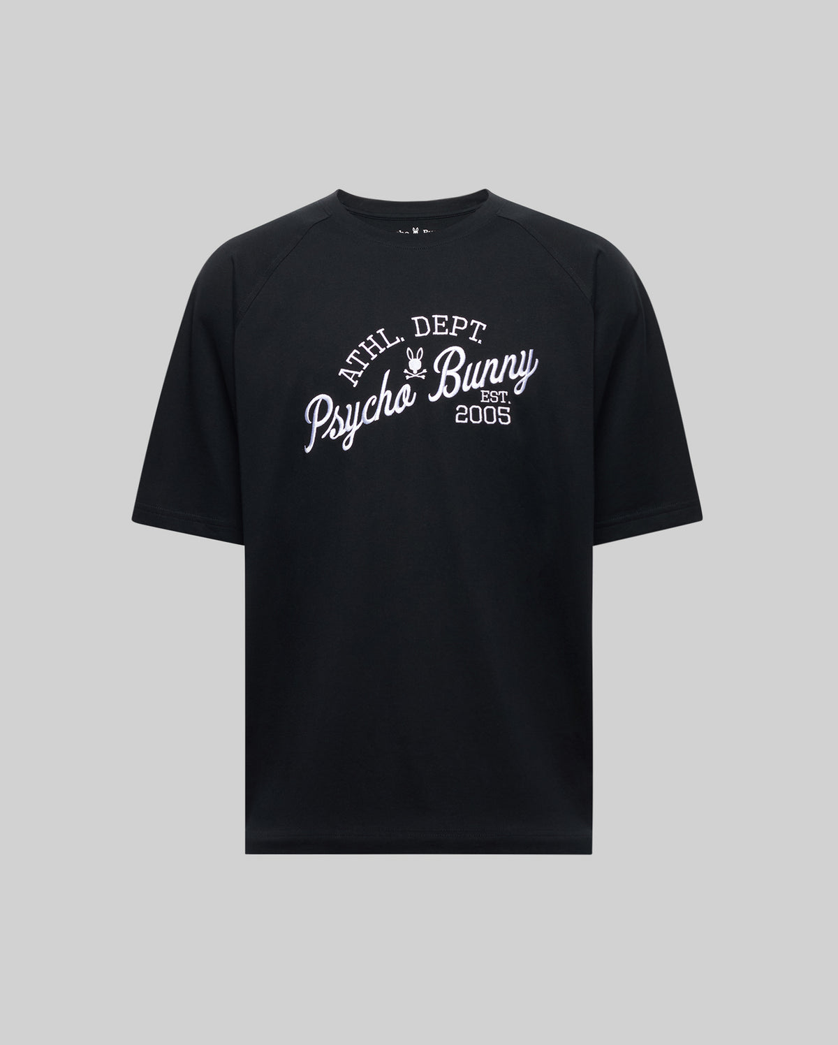 The Psycho Bunny MENS MATTEO RAGLAN GRAPHIC TEE (MT0200008) is a black short-sleeve shirt with white "ATHL DEPT Psycho Bunny Est 2005" text and a bunny logo above, shown on a plain gray background.