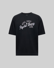 The Psycho Bunny MENS MATTEO RAGLAN GRAPHIC TEE (MT0200008) is a black short-sleeve shirt with white "ATHL DEPT Psycho Bunny Est 2005" text and a bunny logo above, shown on a plain gray background.