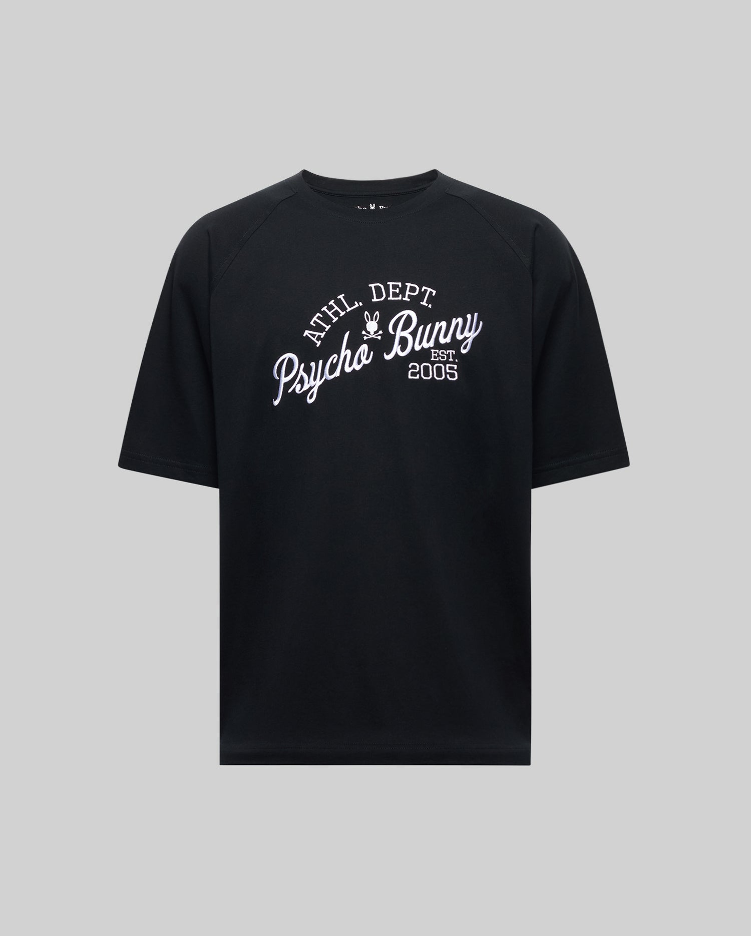 The Psycho Bunny MENS MATTEO RAGLAN GRAPHIC TEE (MT0200008) is a black short-sleeve shirt with white "ATHL DEPT Psycho Bunny Est 2005" text and a bunny logo above, shown on a plain gray background.