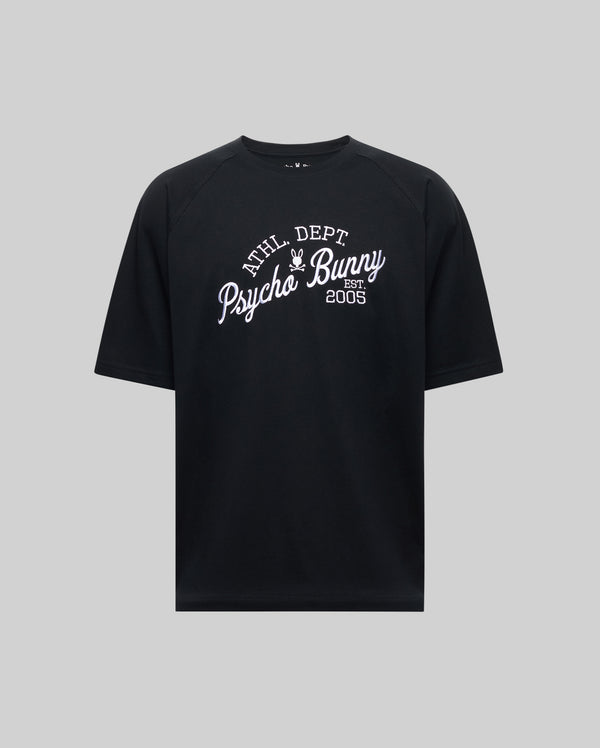 The Psycho Bunny MENS MATTEO RAGLAN GRAPHIC TEE (MT0200008) is a black short-sleeve shirt with white "ATHL DEPT Psycho Bunny Est 2005" text and a bunny logo above, shown on a plain gray background.