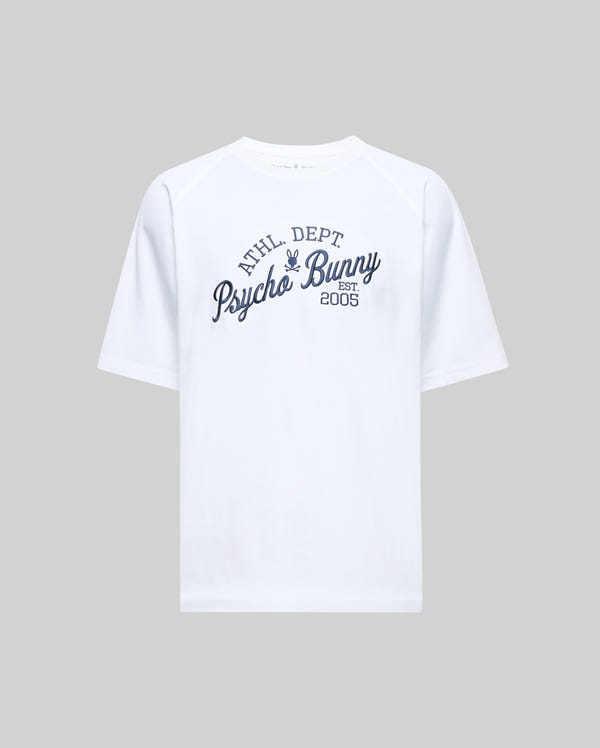 The Psycho Bunny MENS MATTEO RAGLAN GRAPHIC TEE (MT0200008) is a white Pima cotton short-sleeve tee with "ATHL. DEPT Psycho Bunny EST. 2005" printed in navy on the chest, channeling a classic American sports vibe.