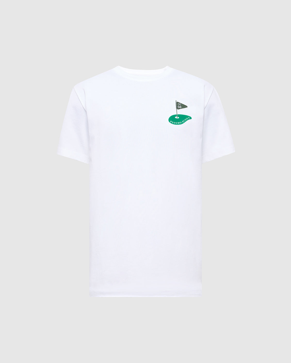 The MENS DALE GRAPHIC TEE (MT0200016) by Psycho Bunny is a plain white Pima cotton T-shirt, featuring a small embroidered logo of a flagpole with a triangular black flag and green shape on the left chest.