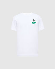 The MENS DALE GRAPHIC TEE (MT0200016) by Psycho Bunny is a plain white Pima cotton T-shirt, featuring a small embroidered logo of a flagpole with a triangular black flag and green shape on the left chest.