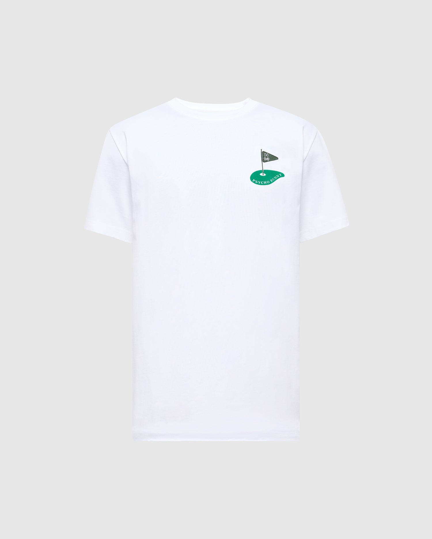 The MENS DALE GRAPHIC TEE (MT0200016) by Psycho Bunny is a plain white Pima cotton T-shirt, featuring a small embroidered logo of a flagpole with a triangular black flag and green shape on the left chest.
