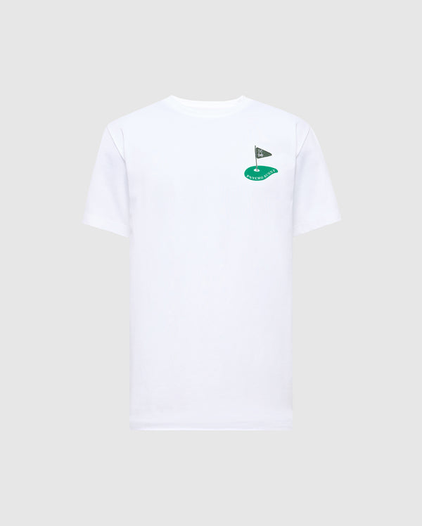 The MENS DALE GRAPHIC TEE (MT0200016) by Psycho Bunny is a plain white Pima cotton T-shirt, featuring a small embroidered logo of a flagpole with a triangular black flag and green shape on the left chest.