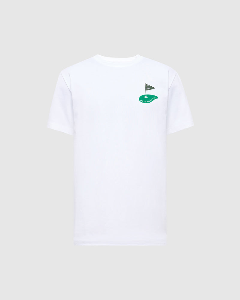 The MENS DALE GRAPHIC TEE (MT0200016) by Psycho Bunny is a plain white Pima cotton T-shirt, featuring a small embroidered logo of a flagpole with a triangular black flag and green shape on the left chest.