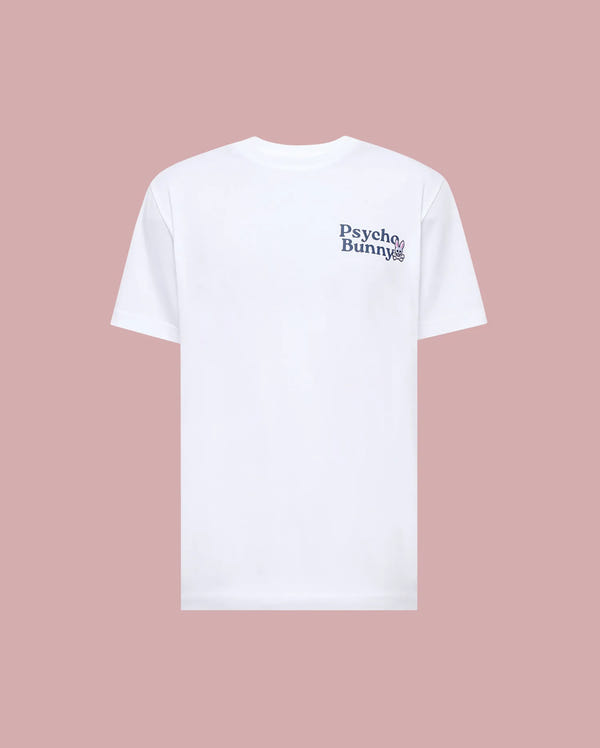 The Psycho Bunny MENS ARCHIVE WORDMARK GRAPHIC TEE (MT0200030) is a plain white Pima cotton short-sleeve shirt with "Psycho Bunny" and a small black bunny on the left chest, shown on a light pink background.