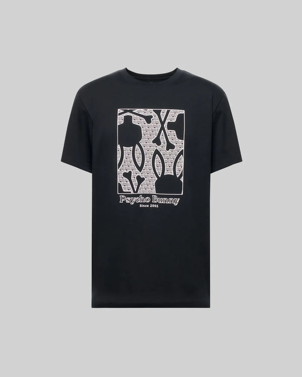 The Psycho Bunny MENS GLENN GRAPHIC TEE (MT0200034) is a black Pima cotton tee with a rectangular bunny graphic, abstract shapes, text patterns, and "Psycho Bunny Since 2005" below the design. Shown on a plain gray background.