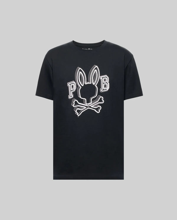 The MENS BALES GRAPHIC TEE (MT0200035) by Psycho Bunny features a bold Big Bunny skull and crossbones graphic with “P” and “B” accents on the front, set on soft Pima cotton in gray.