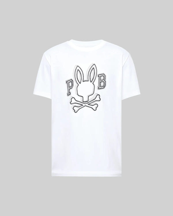 The Psycho Bunny MENS BALES GRAPHIC TEE (MT0200035) is a white tee with a bold Big Bunny print on the back—featuring a stylized bunny head over crossed bones with "P" and "B" letters for standout street style.