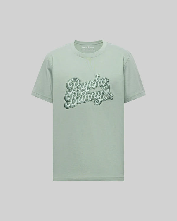 The Psycho Bunny MENS ELIAS GRAPHIC TEE (MT0200047) is a light green Pima cotton t-shirt with "Psycho Bunny" in bold script and a retro bunny skull-and-crossbones logo, finished with short sleeves and a classic crew neckline.