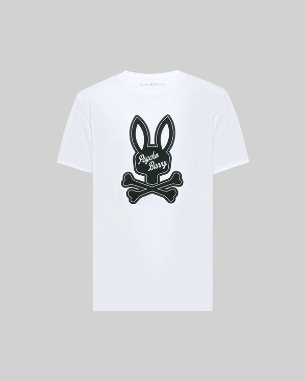 The Psycho Bunny MENS DEREK CENTER GRAPHIC TEE (MT0200048) is a white Pima cotton tee featuring a bold black outline bunny head above crossed bones and "Psycho Bunny" script on the back. Available in Big and Tall sizes for an ideal fit.