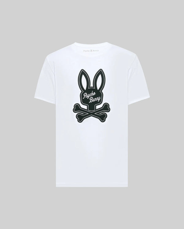 The Psycho Bunny MENS DEREK CENTER GRAPHIC TEE (MT0200048) is a white Pima cotton tee featuring a bold black outline bunny head above crossed bones and "Psycho Bunny" script on the back. Available in Big and Tall sizes for an ideal fit.