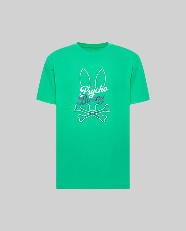 The Psycho Bunny MENS GARRET GRAPHIC TEE (MT0200050) is a green 100% Pima cotton shirt with a white outline Big Bunny graphic—ears and crossed bones—and "Psycho Bunny" in stylized script on the chest, set against a light gray background.