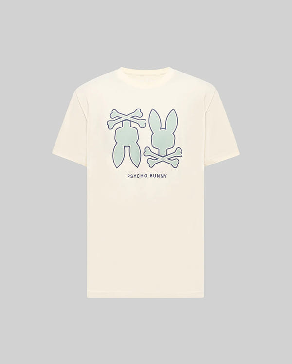 The Psycho Bunny MENS DAWSON GRAPHIC TEE - MT0200053 is a cream Pima cotton tee with pastel mirrored Bunny head and crossed bones graphics, plus "Psycho Bunny" printed in small letters below the designs.