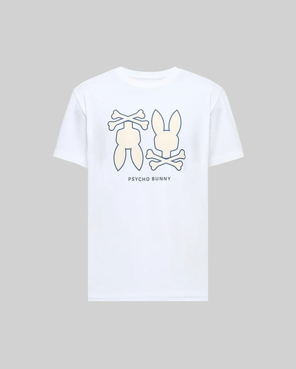 The MENS DAWSON GRAPHIC TEE (MT0200053) by Psycho Bunny is crafted from soft Pima cotton and features two large Bunny logos with crossed bones and "PSYCHO BUNNY" text on a plain gray background.