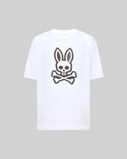 The Psycho Bunny MENS RYDER OVERSIZED TEE (MT0200062) features a bold black skull with bunny ears and crossed bones graphic on premium white Pima cotton, shown against a plain light gray background.