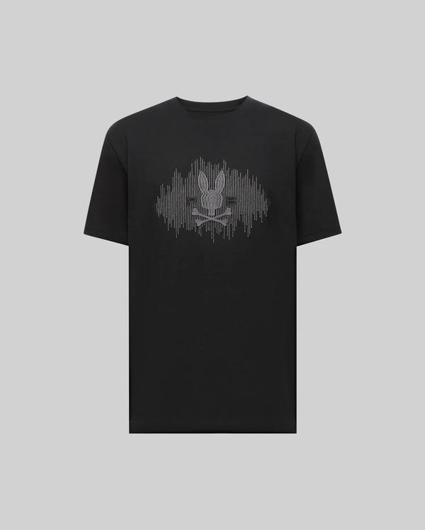 The Psycho Bunny MENS OLLIE GRAPHIC TEE (MT0200066) is a black Pima cotton shirt featuring a central stylized bunny graphic with vertical soundwave-like lines, displayed against a plain gray background.