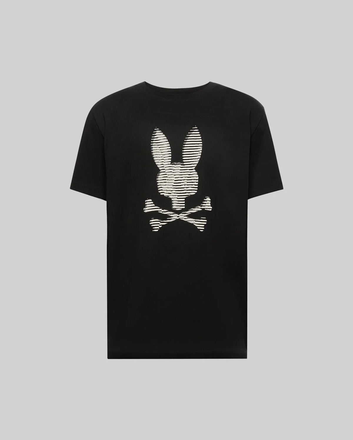 The Psycho Bunny MENS GRANT BUNNY GRAPHIC TEE (MT0200081) is a black Pima cotton tee with an HD-printed white graphic on the back, showcasing a stylized bunny head above two crossed bones for a playful touch.