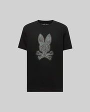 The Psycho Bunny MENS ROWEN BUNNY GRAPHIC TEE - MT0200101 is a black short-sleeve Pima cotton shirt featuring a large gray bunny skull and crossbones graphic on the front.