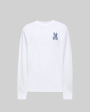 The Psycho Bunny MENS ROWEN GRAPHIC TEE (MT0200103) is a plain white long-sleeve Pima cotton shirt featuring a small blue cartoon bunny logo on the upper left chest, shown against a light gray background.