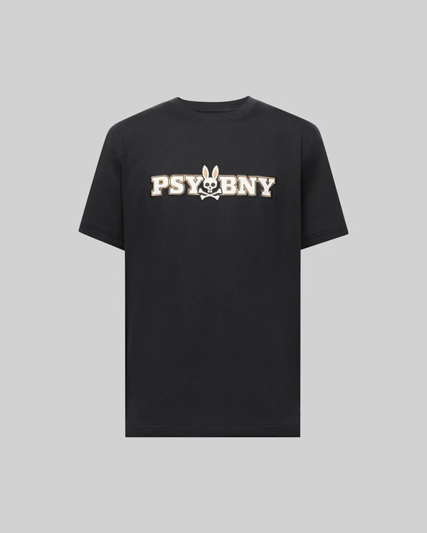 The Psycho Bunny MENS WADE GRAPHIC TEE (MT0200105) is a black, 100% cotton shirt in a regular fit, featuring “PSYBNY” in large white letters with the brand's bunny face replacing the “A,” shown against a plain gray background.