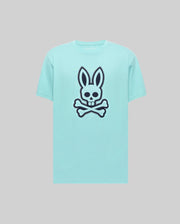 Mens Gage Graphic Tee, a classic fit light aqua jersey t-shirt featuring a large navy bunny skull and crossbones graphic on the chest and small Psycho Bunny text logo on the back neckline.