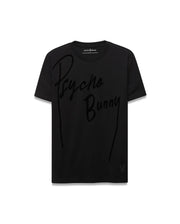 Mens Soren Graphic Tee, a black classic fit jersey t-shirt featuring a large tonal Psycho Bunny script graphic across the chest and a small tonal skull logo near the left hem. (1)
