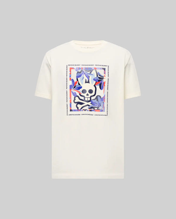 Mens Florian Graphic Tee, a classic fit cream jersey t-shirt with a large central Psycho Bunny skull and floral graphic framed by repeated brand text, plus a small embroidered logo on the back.