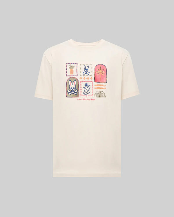 The Psycho Bunny MENS SUNDEW GRAPHIC TEE (MT0200195) is a cream Pima cotton T-shirt with colorful graphic patches—bunny, palm tree, and plants—and "Psycho Bunny" text below for an ocean-inspired look.