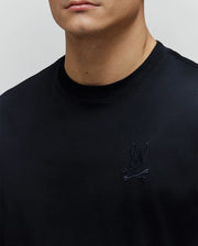 Black Mens Oscar Oversized Tee in smooth jersey knit, featuring a small, tonal black embroidered Psycho Bunny skull and crossbones logo on the left chest.