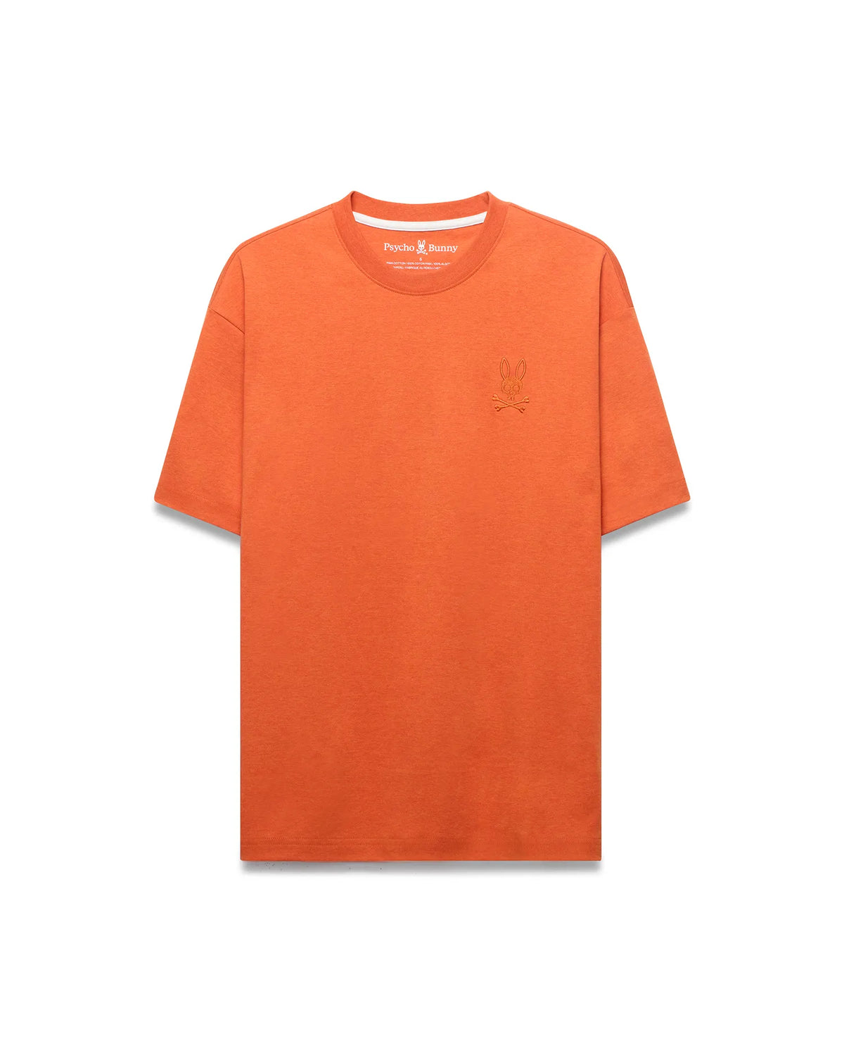 Men's Oscar Oversized Tee in vibrant orange, crafted from soft jersey knit with an oversized fit, featuring a small, tonal embroidered Psycho Bunny skull logo on the left chest. (6)