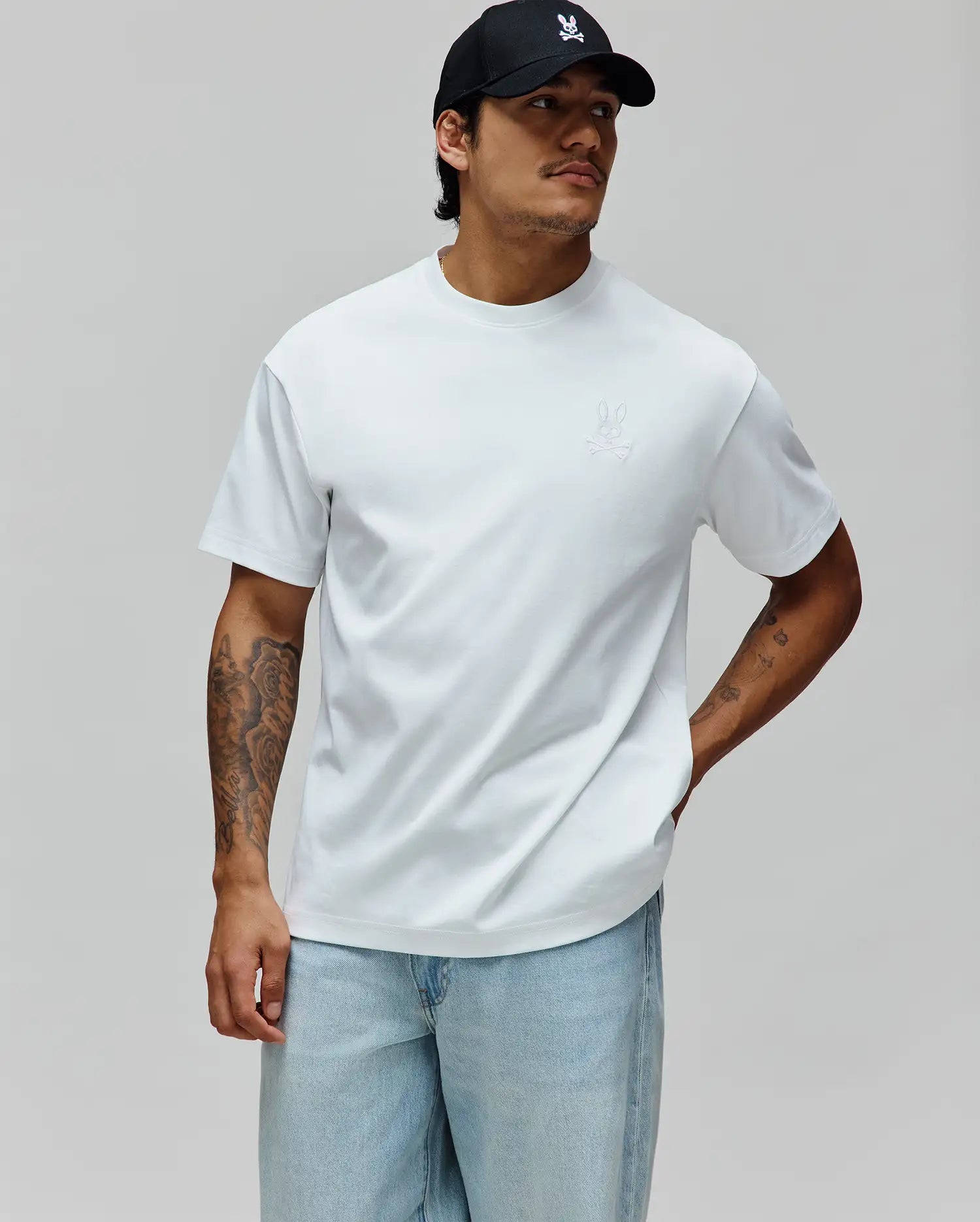 Mens Oscar Oversized Tee, a crisp white relaxed fit smooth jersey t-shirt featuring a subtle, embroidered tone-on-tone Psycho Bunny skull logo on the left chest.