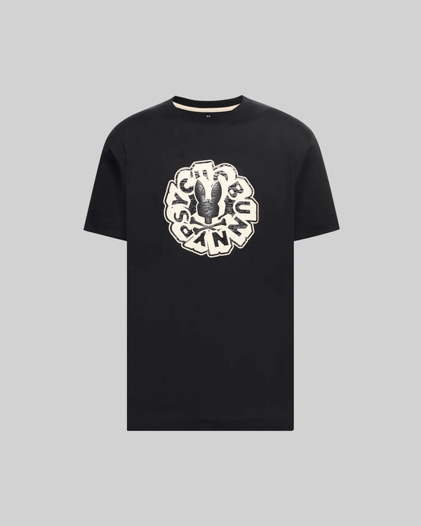 Mens Toby Graphic Tee, black classic fit jersey t-shirt featuring a large distressed white and grey circular graphic with the Psycho Bunny skull and crossbones and brand name on the chest.