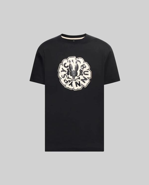 Mens Toby Graphic Tee, black classic fit jersey t-shirt featuring a large distressed white and grey circular graphic with the Psycho Bunny skull and crossbones and brand name on the chest.