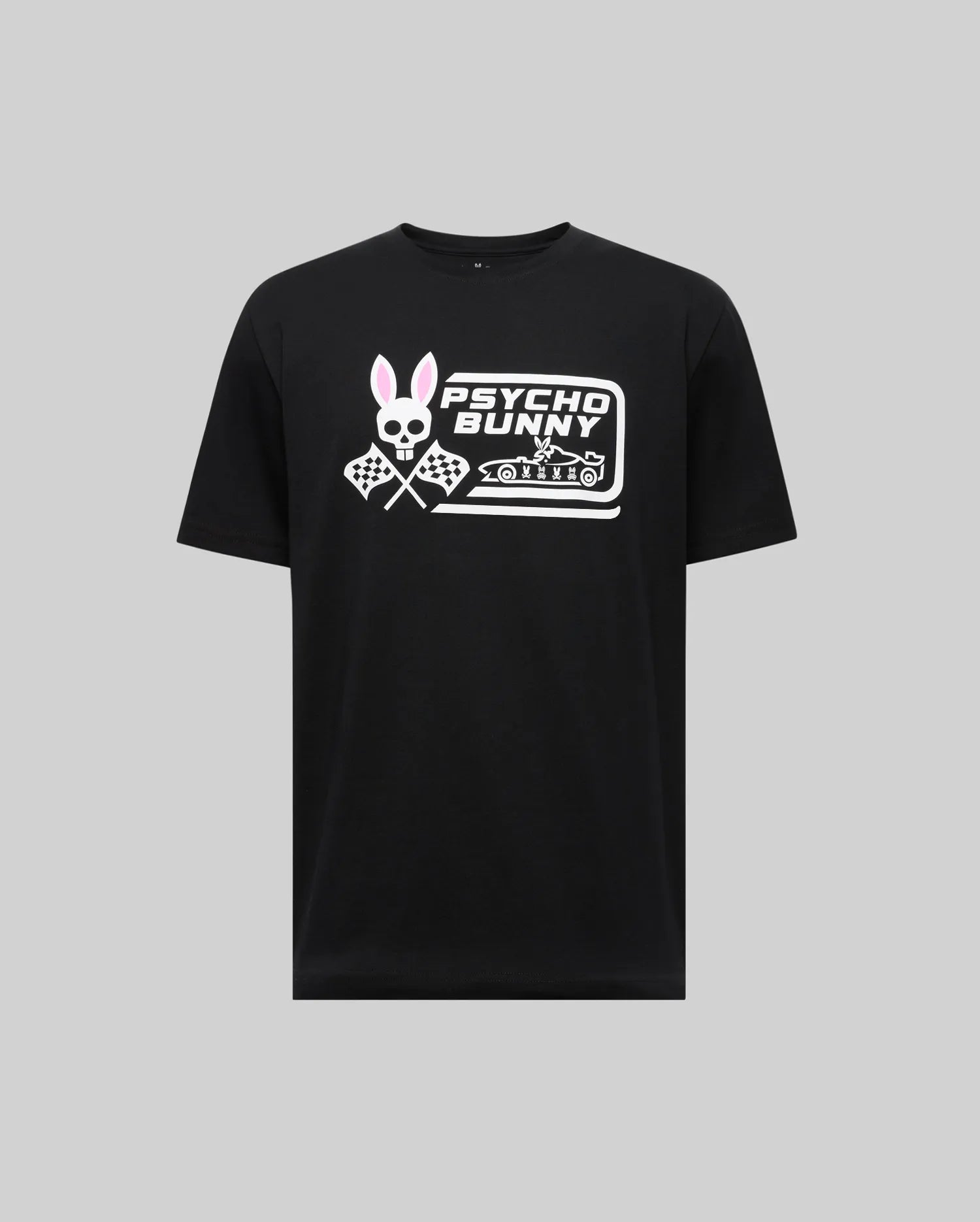 The Psycho Bunny MENS RACING GRAPHIC TEE (MT0200243) is a black Pima cotton t-shirt featuring a bold white skull bunny logo with pink ears, crossed checkered flags, and "Psycho Bunny" text across the chest.