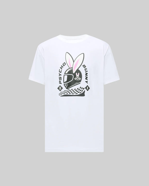 The Psycho Bunny MENS RACING BUNNY GRAPHIC TEE (MT0200245) is a white Pima cotton tee with an athletic fit, featuring a graphic of a black racing helmet with pink bunny ears, checkered flags, and "Psycho Bunny" in bold on the back.