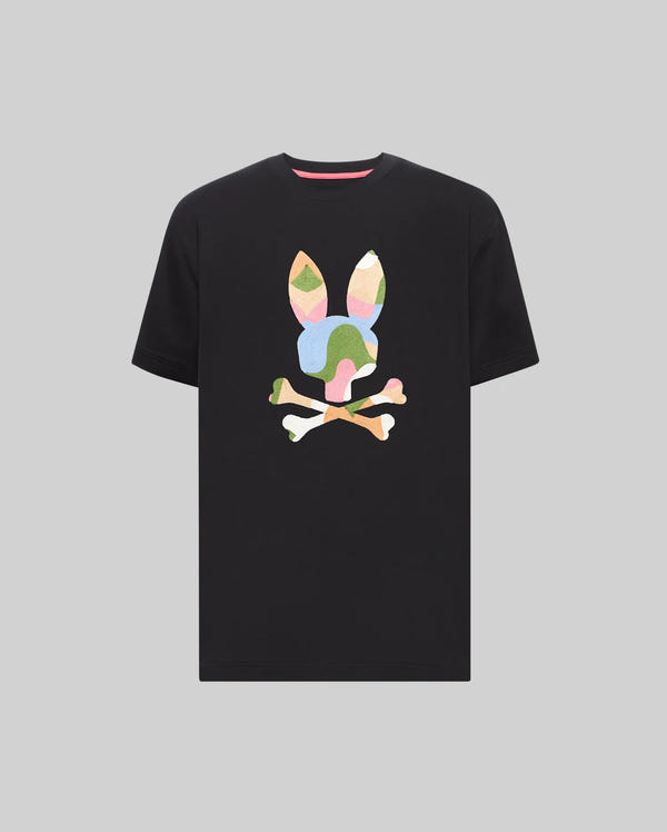 Mens Ara Graphic Tee, black classic fit jersey t-shirt featuring a large central multicolored pastel camo Psycho Bunny skull and crossbones graphic with pink neck tape.