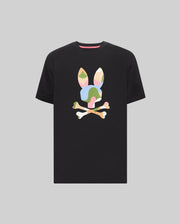 Mens Ara Graphic Tee, black classic fit jersey t-shirt featuring a large central multicolored pastel camo Psycho Bunny skull and crossbones graphic with pink neck tape.