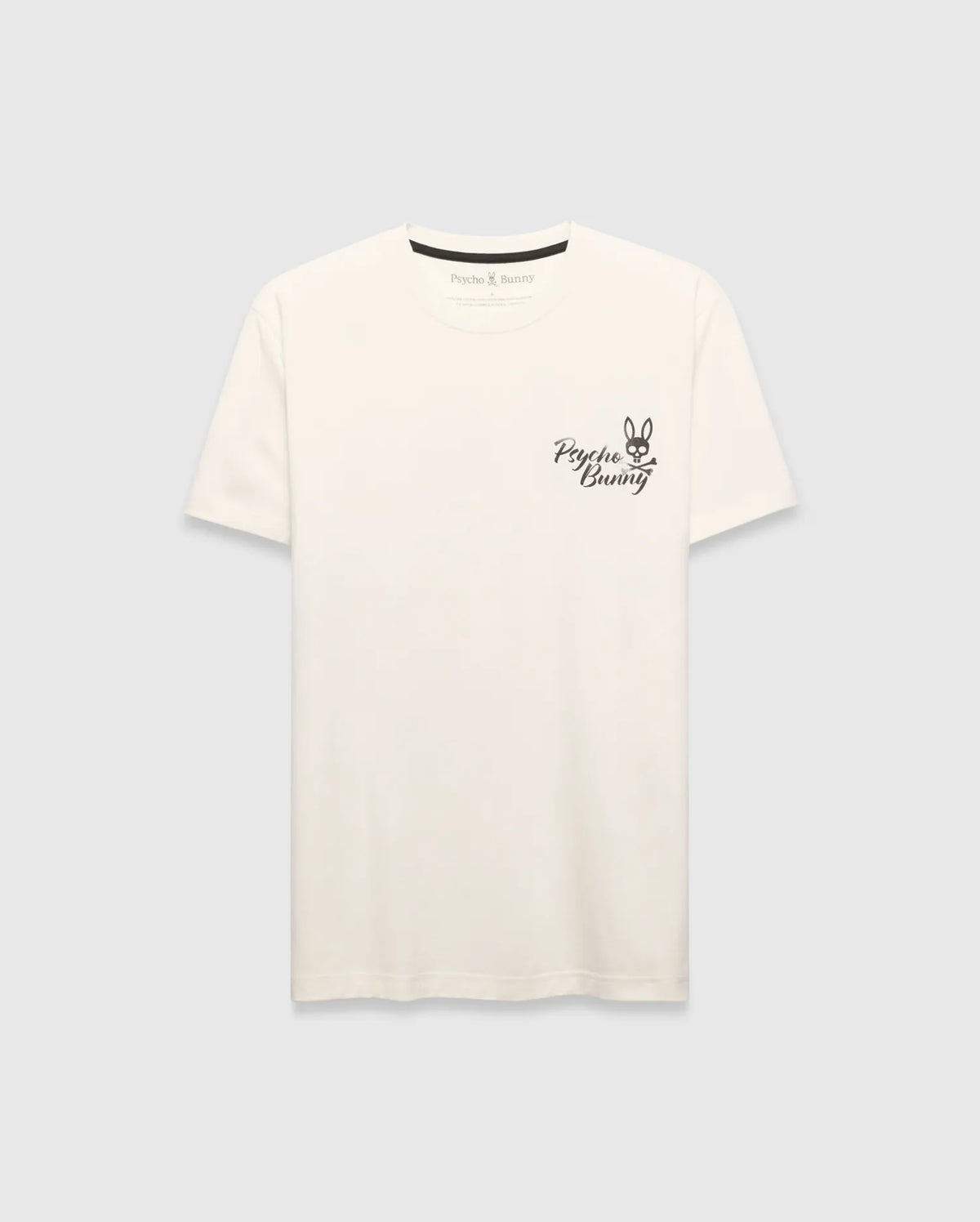 Mens Colin Back Graphic Tee, a cream classic-fit jersey t-shirt with a small black embroidered Psycho Bunny skull logo and script text on the left chest. (5)