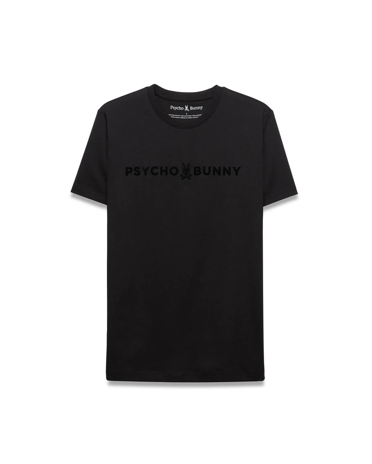 Mens Royce Graphic Tee, a sleek black classic fit jersey t-shirt featuring a prominent tonal black Psycho Bunny text and iconic skull logo graphic centered on the chest. (1)