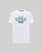 White Mens Herman Graphic Tee, a classic fit jersey knit, featuring a large, center chest embroidered Psycho Bunny skull logo and text with distressed blue outlines and green fill.