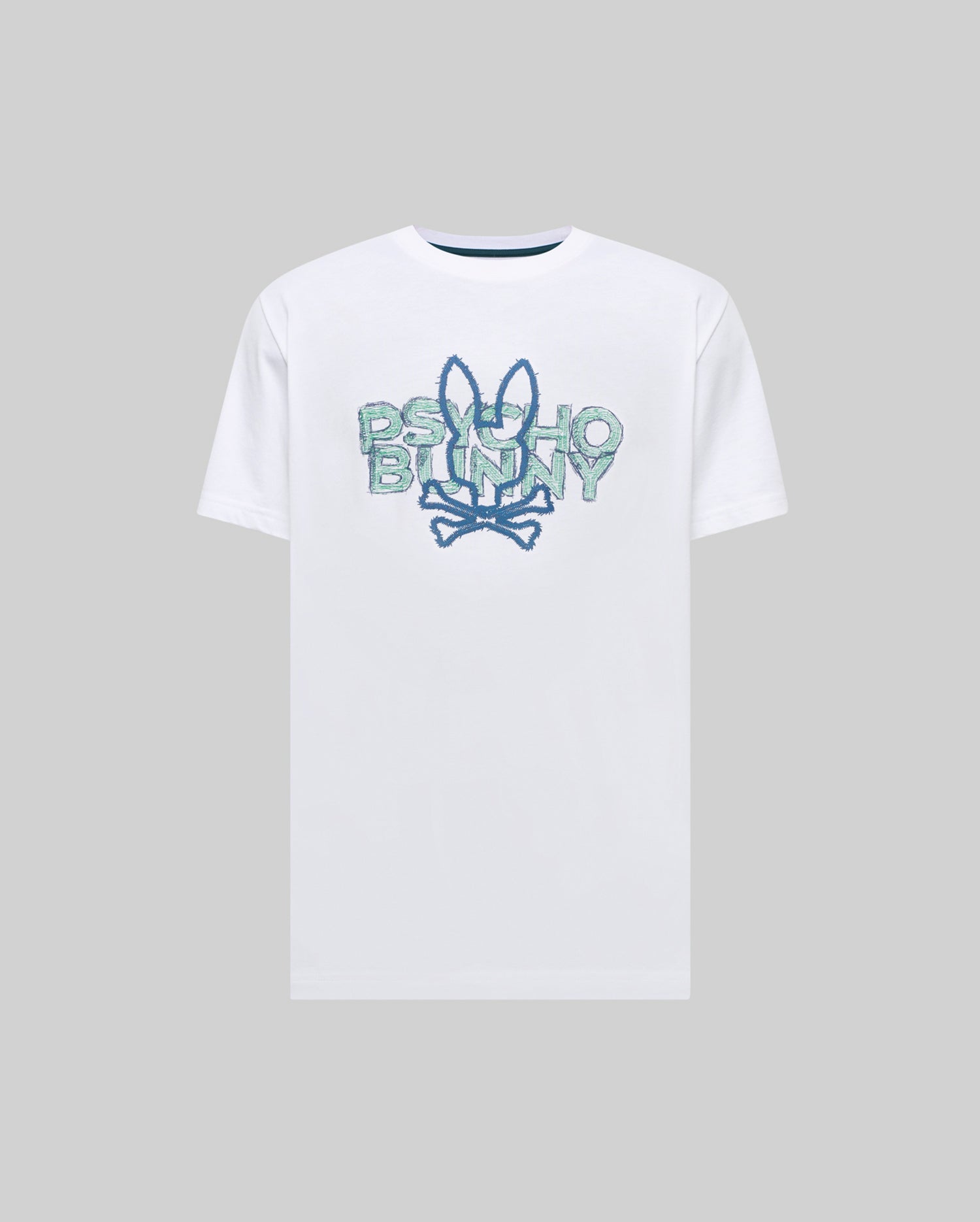 White Mens Herman Graphic Tee, a classic fit jersey knit, featuring a large, center chest embroidered Psycho Bunny skull logo and text with distressed blue outlines and green fill.