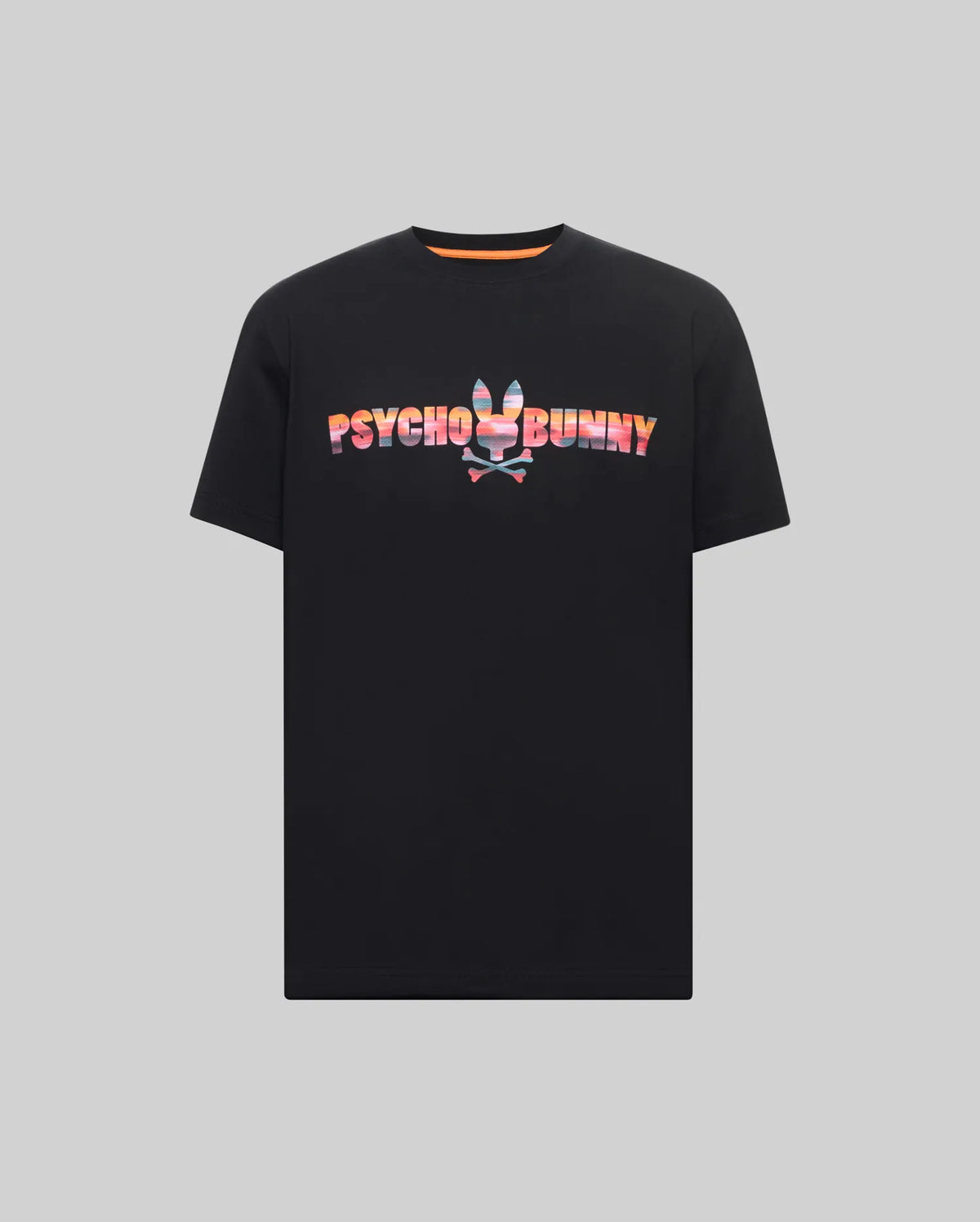 Mens Raphael Wordmark Tee, a black classic fit jersey knit t-shirt with a vibrant multi-color pink, orange, blue, and white patterned Psycho Bunny wordmark logo prominently displayed across the chest.