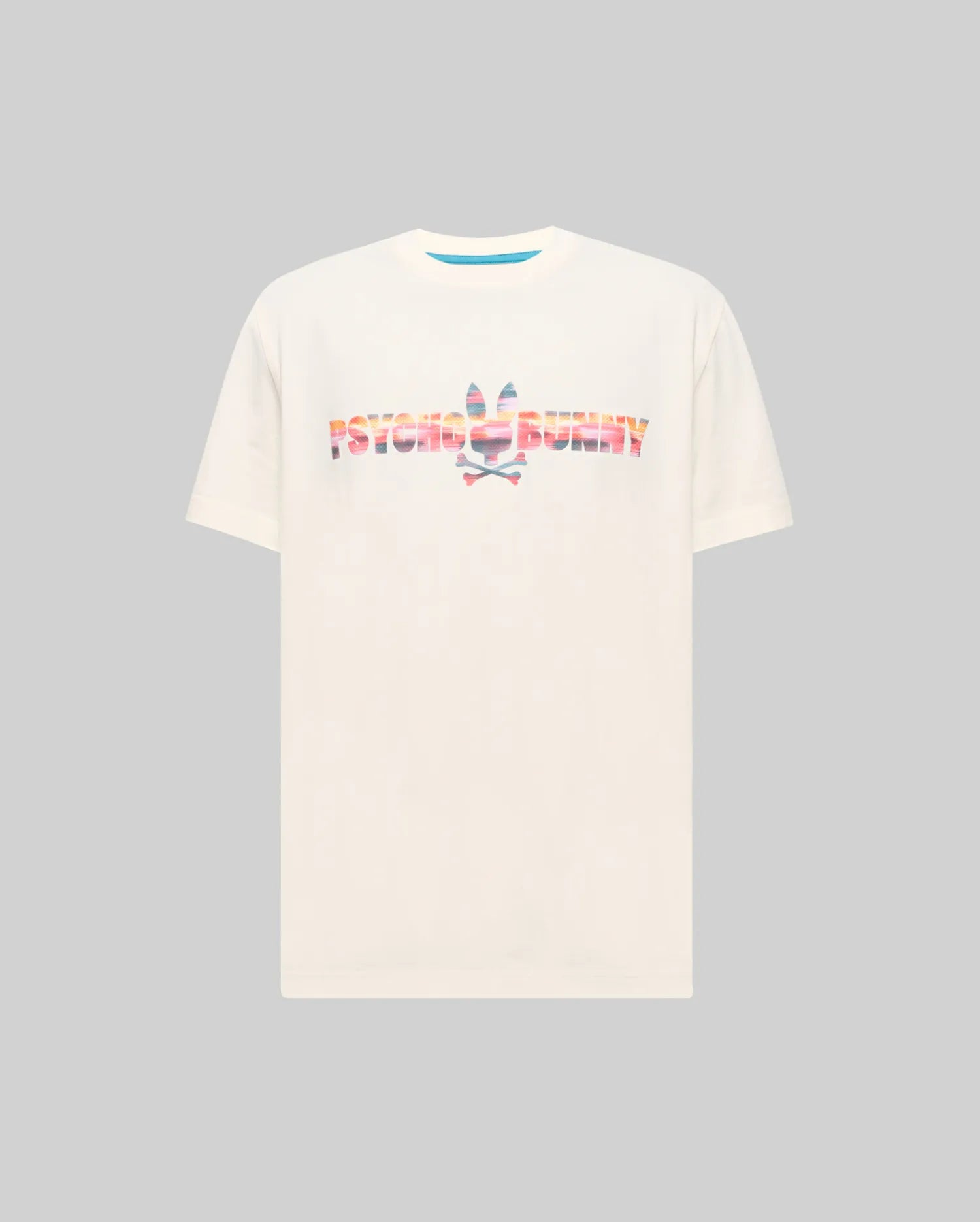 Mens Raphael Wordmark Tee, cream classic fit jersey t-shirt with a large center chest Psycho Bunny wordmark featuring a vibrant sunset gradient pattern and the iconic bunny skull logo.
