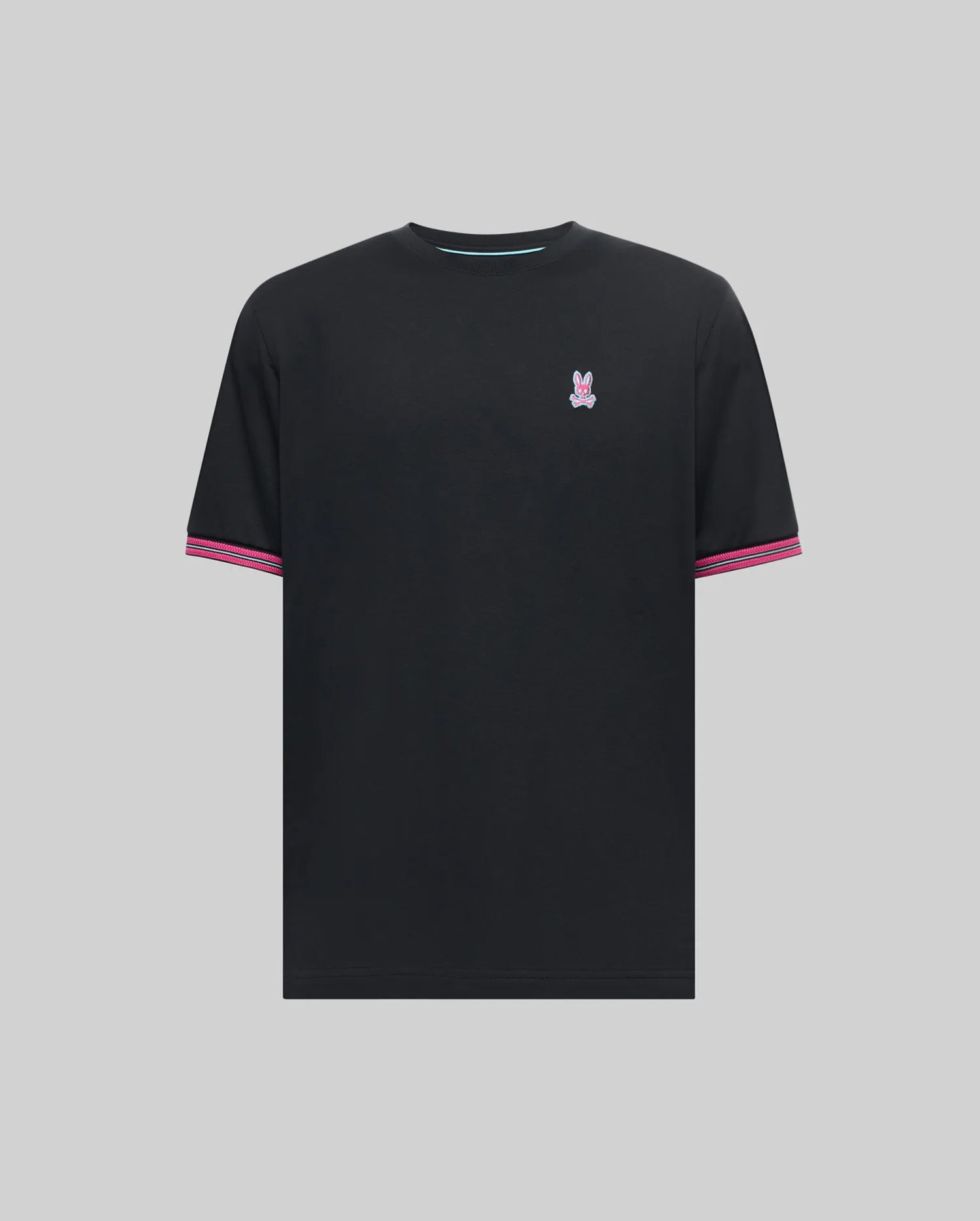 MENS CLARK PERFORMANCE TEE in black jersey knit, featuring a classic fit, small embroidered pink Psycho Bunny logo on the left chest, pink striped cuffs, and a light blue inner neckline trim.