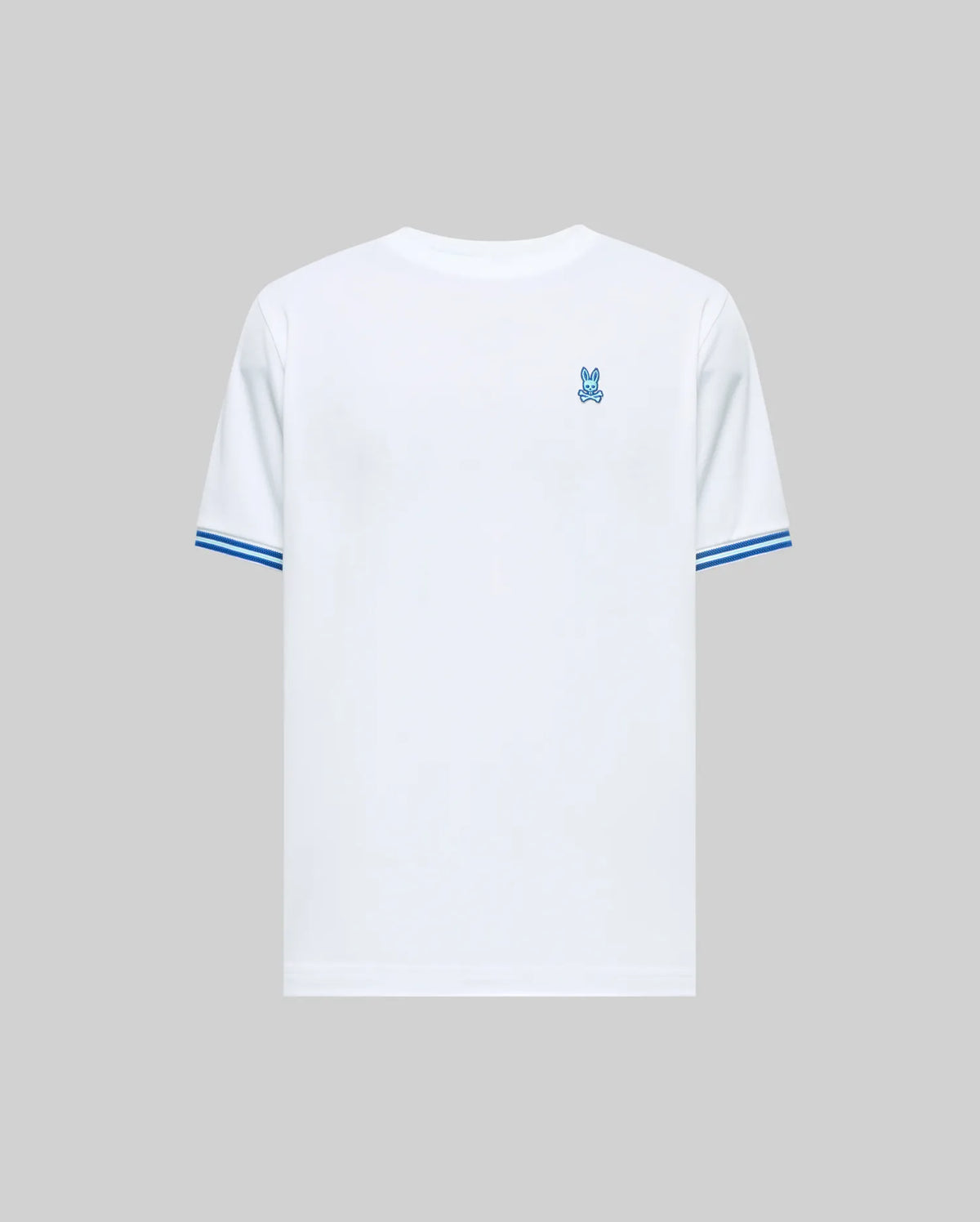 Mens Clark Performance Tee, white classic fit performance jersey knit t-shirt with a small embroidered blue Psycho Bunny skull logo on the left chest and blue and white striped ribbed cuffs.