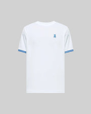 Mens Clark Performance Tee, white classic fit performance jersey knit t-shirt with a small embroidered blue Psycho Bunny skull logo on the left chest and blue and white striped ribbed cuffs.