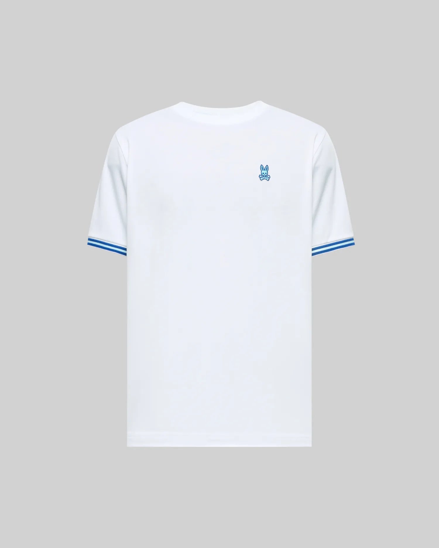 Mens Clark Performance Tee, white classic fit performance jersey knit t-shirt with a small embroidered blue Psycho Bunny skull logo on the left chest and blue and white striped ribbed cuffs.